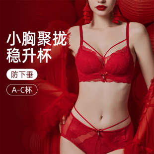 伊丝艾拉马年新年红色法式 性感小胸聚拢文胸厚杯显大无钢圈内衣女