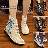 民族风绣花鞋 单鞋 子舒适平底夏季 女鞋 网纱凉鞋 鱼嘴高帮老北京布鞋