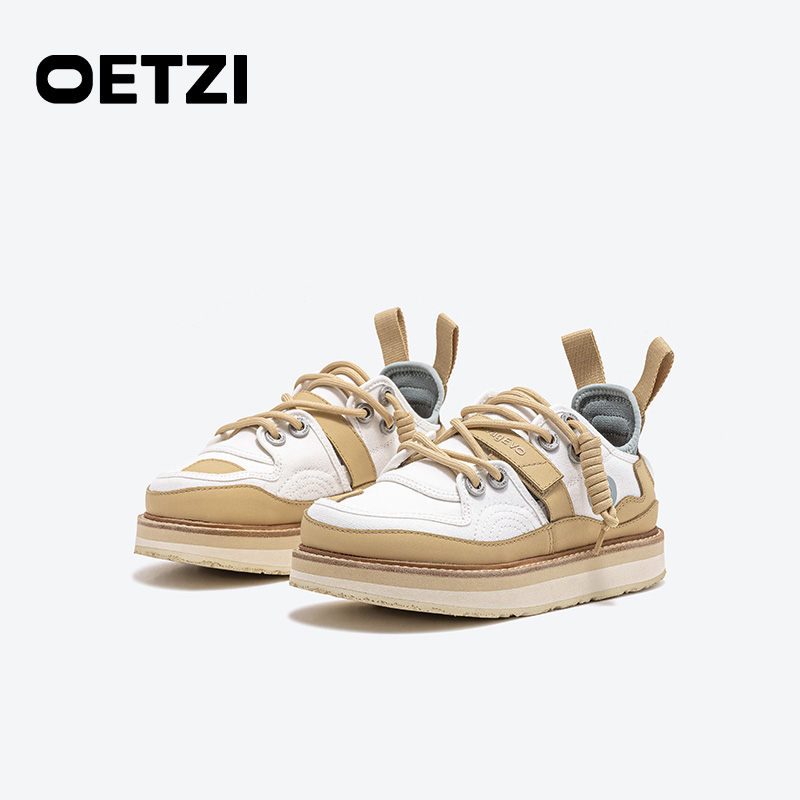 OETZI厚底休闲鞋女秋冬季加厚面包鞋真皮拼接帆布鞋百搭丑萌鞋潮