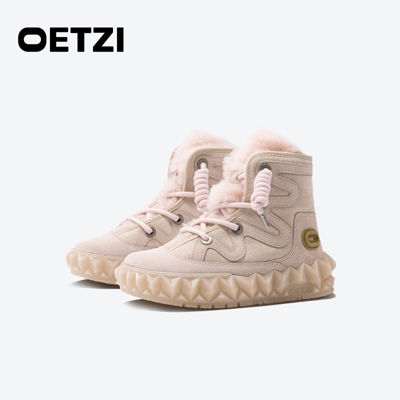 OETZI皮毛一体雪地靴女中长筒厚底粉色高帮鞋加绒加厚冬季丑萌鞋