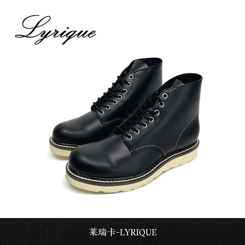 Lyrique莱瑞卡 黑色马丁靴女秋冬情侣款粗跟厚底短靴真皮高帮鞋