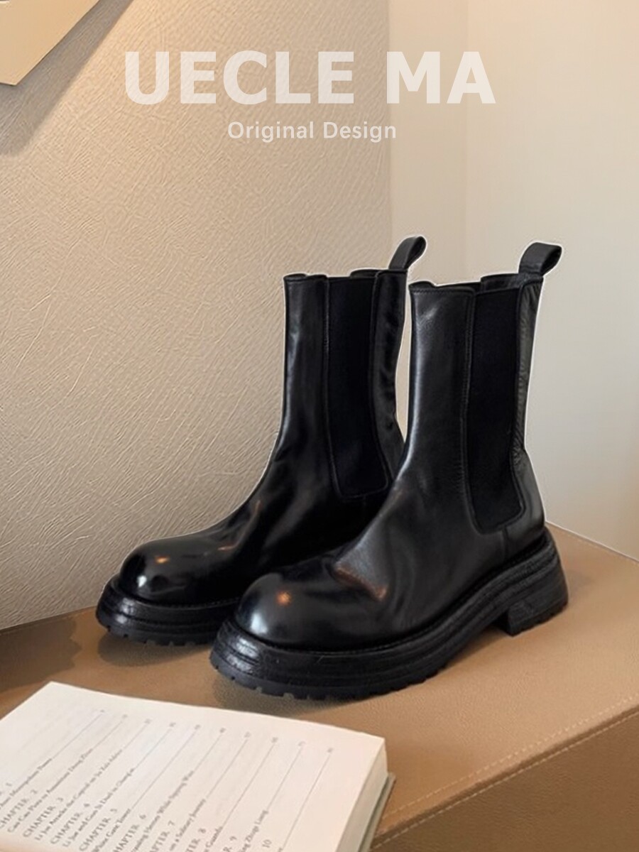 PLATFORM BOOTS FEMALE GENUINE LEATHER VINTAGE ROUND TOE BRITISH CHIMNEY CHELSEA BOOTS MEDIUM SKINNY BOOTS AUTUMN AND WINTER MARTIN BOOTS