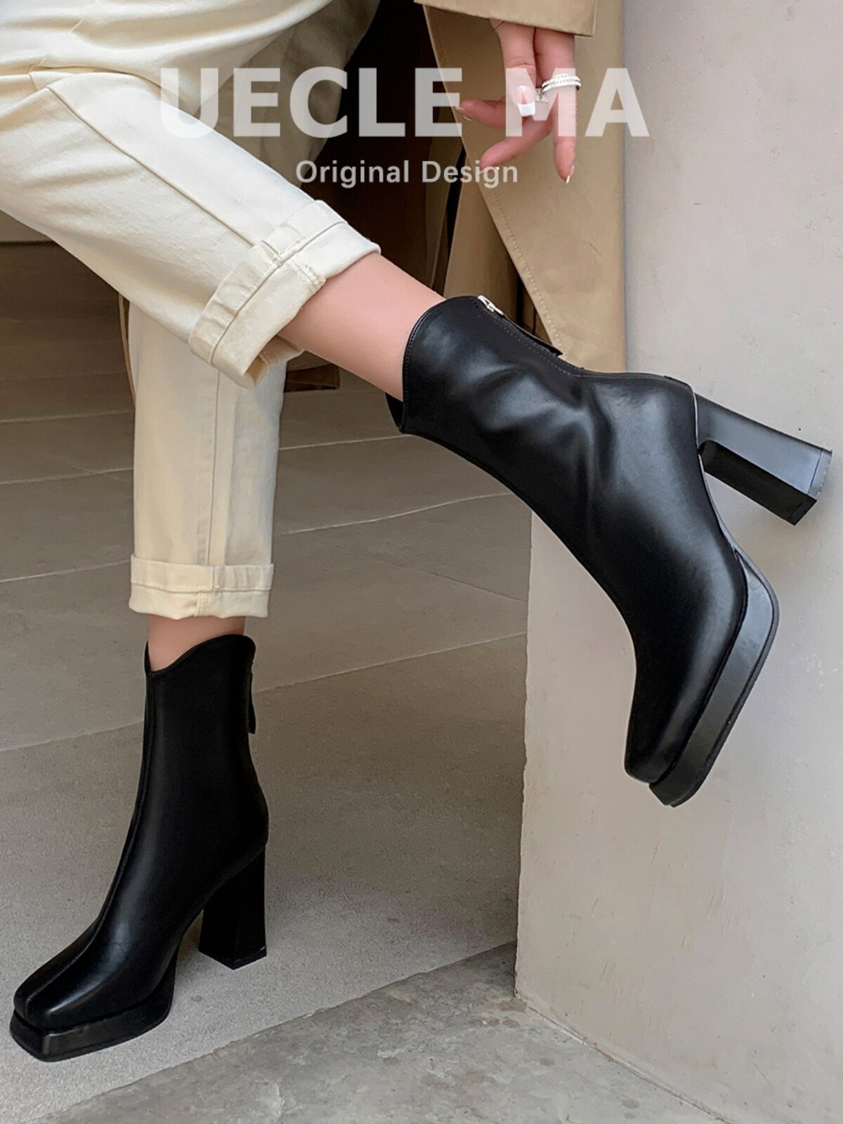 여성을위한 짧은 부츠 2024 새로운 가을 겨울 플랫폼 하이힐  가죽 마틴 부츠 첼시 부츠 화이트 슬림 부츠