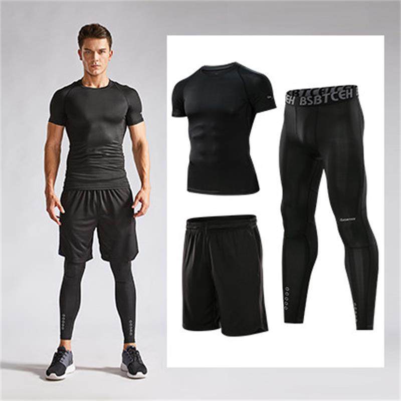 健身套装男晨跑三件套健身房速干紧身衣春夏季跑步运动套装训练服