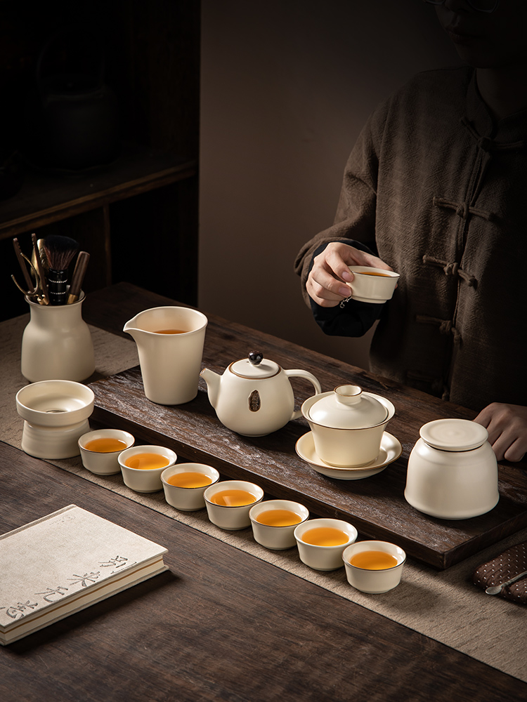 米黄汝窑功夫茶具套装家用整套轻奢高档办公会客陶瓷中秋节礼物