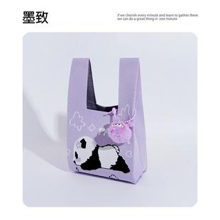 针织包包挂件可爱卡通大熊猫手提包手拎包托特包女大容量通勤包潮