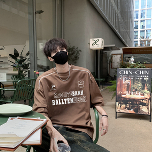 2024夏季新款美式短袖t恤男机车字母印花五分袖B213-8143-P38控58,男装T恤,星座617A-4