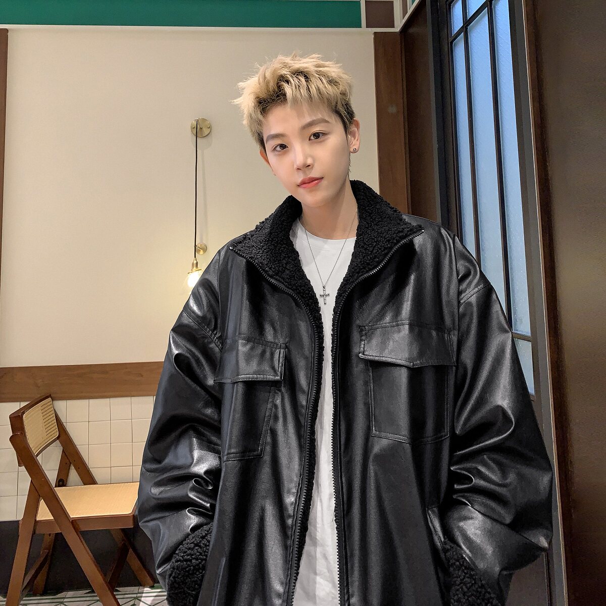 2024冬季加绒加厚PU皮撞色羊羔毛保暖棉衣男B213-8098-P128控158,男装皮衣,星座617A-4