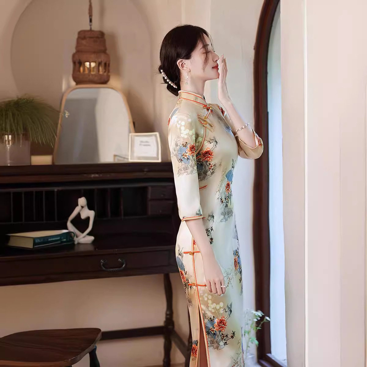 2026新款严选旗袍改良连衣裙气质年轻款少女复古法式长款长袖旗袍