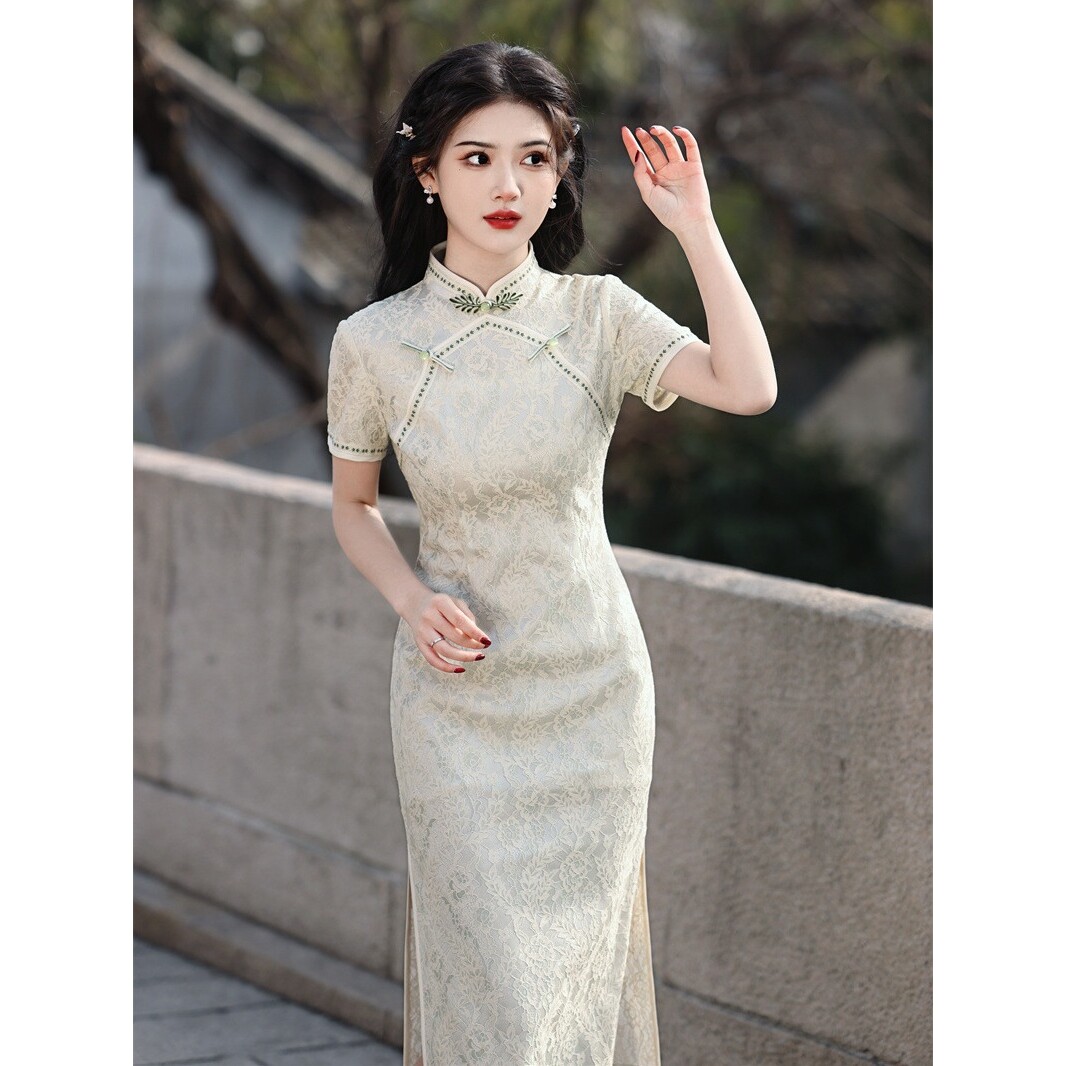 2026新款春夏方襟复合蕾丝中长款旗袍小清新高级感蕾丝少女旗袍高