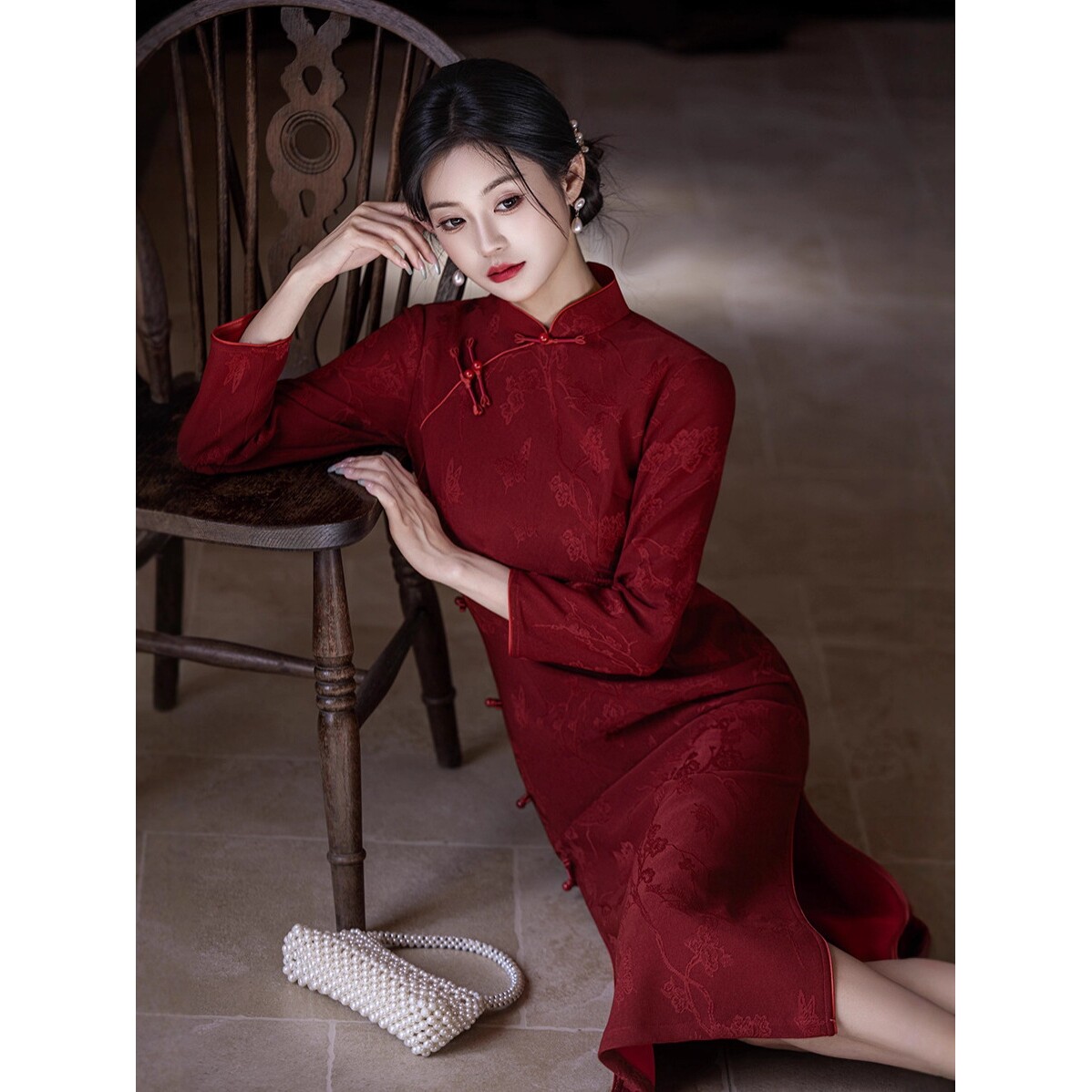 2026新款提花酒红色年会结婚敬酒服春秋长袖旗袍中国风气质修身日