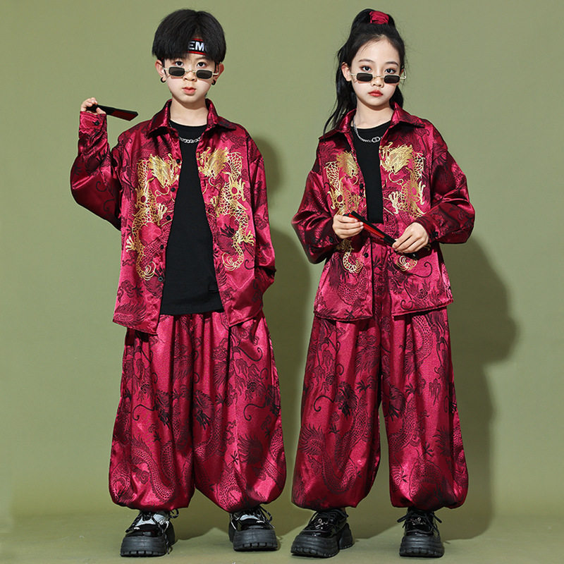 2026新款儿童国风演出服红龙套装女国风新中式炫酷嘻哈风套装爵士