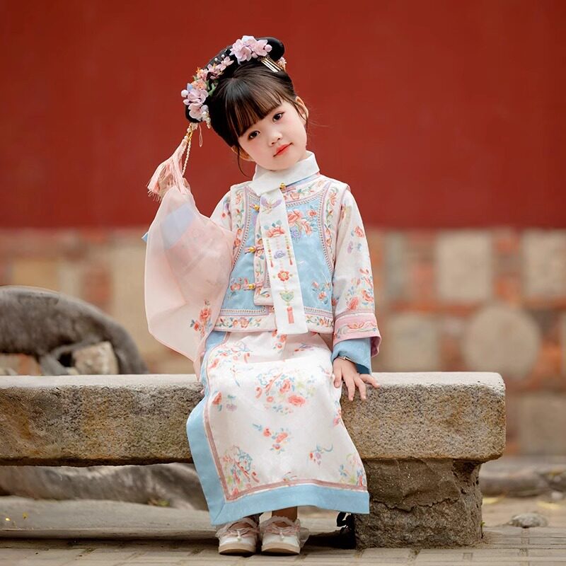 2026新款儿童粉色清朝格格服贵妃宫廷古装春秋女童古风马甲旗袍公