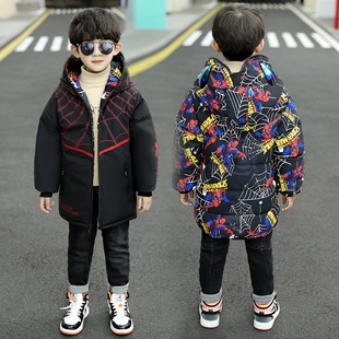 2025新款男童冬装蜘蛛侠棉衣加厚儿童装中长款眼镜连帽外套两