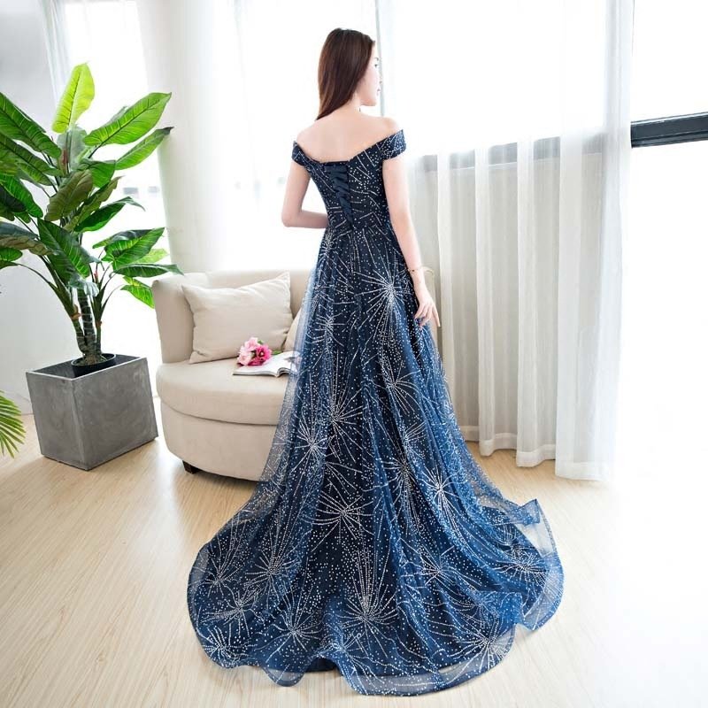 2025新款拖尾星空婚纱宴会表演主持人生日结婚V领一字肩晚礼
