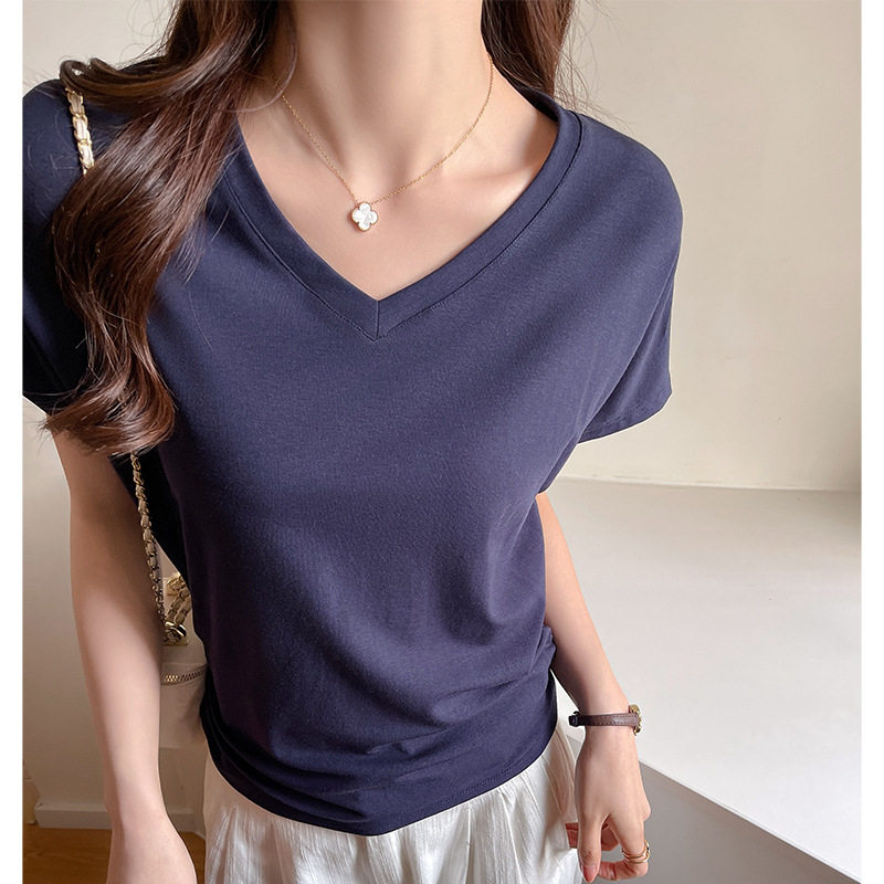 严选正肩v领短袖t恤女夏季新款时尚宽松显瘦基础款百搭慵懒风上衣