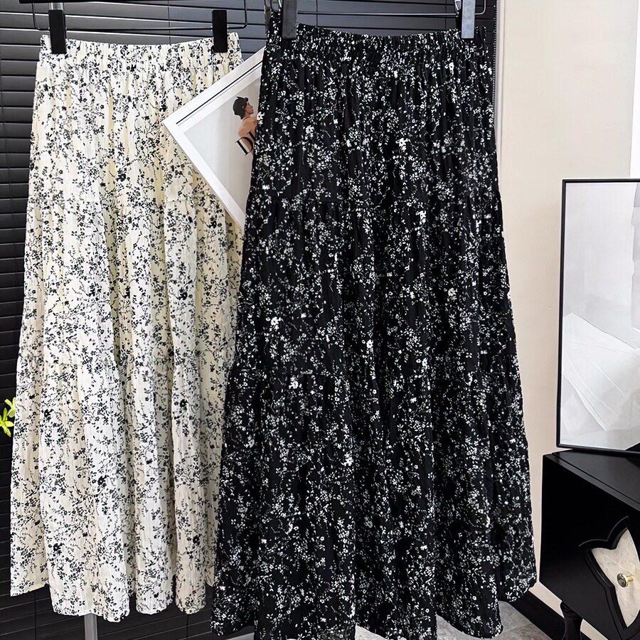 雪纺褶皱碎花半身裙女夏2026新款复古垂感中长款气质大摆a字长裙