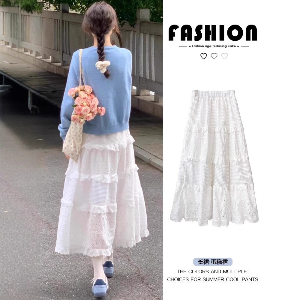 白色半身裙女春秋新款高腰显瘦a字中长款蓬蓬裙小个子蛋糕裙