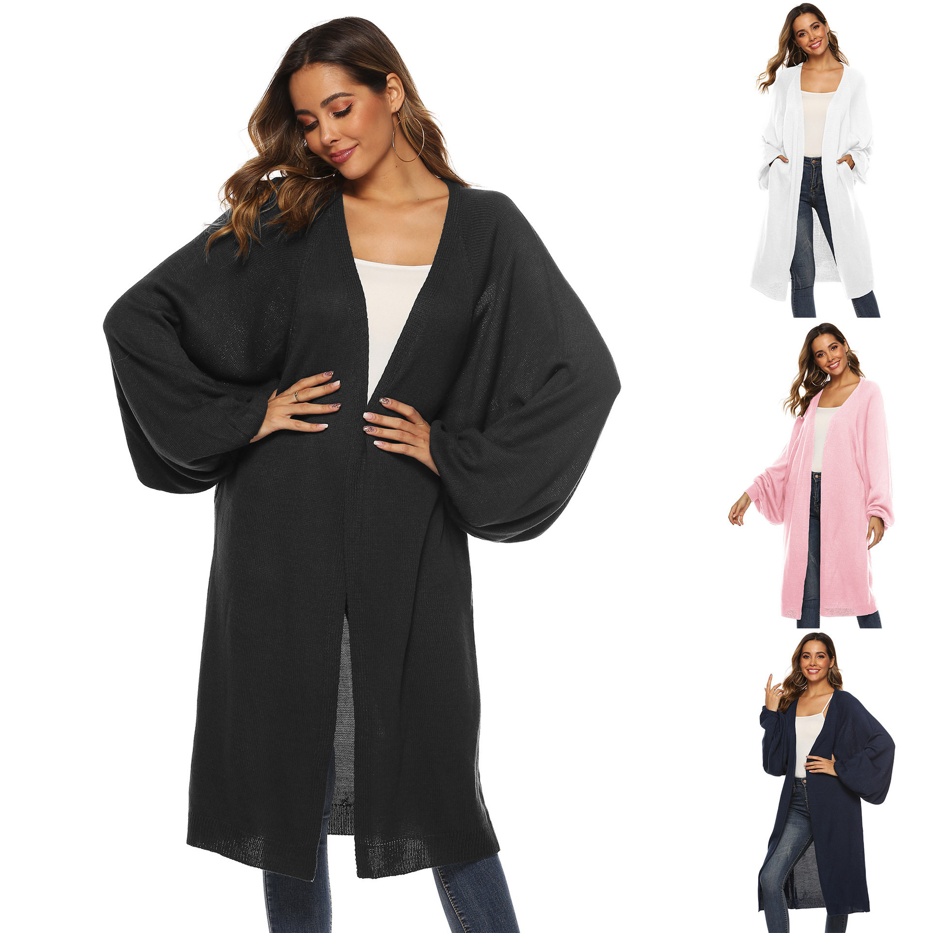 跨境女装大蝙蝠袖宽松中长款机织外套毛衣开衫女190770