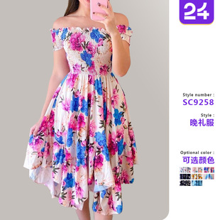 包邮 印花连衣裙 数码 2025年欧美跨境ebay一字领不对称露肩短袖