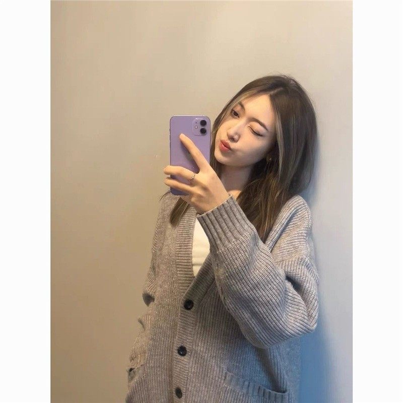 25针织灰色开衫外套慵懒毛衣男女款港风复古宽松秋冬季公主袖包邮