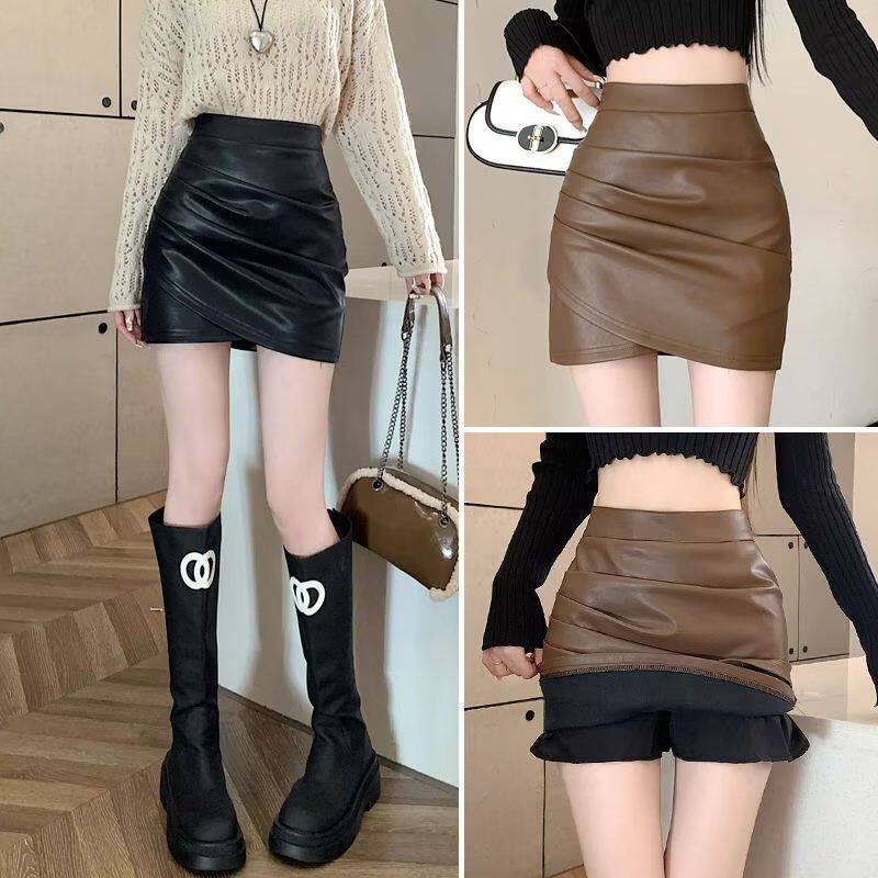 PU皮半身裙女2023秋冬新款黑色小个子A字裙高腰显瘦气质包臀短裙
