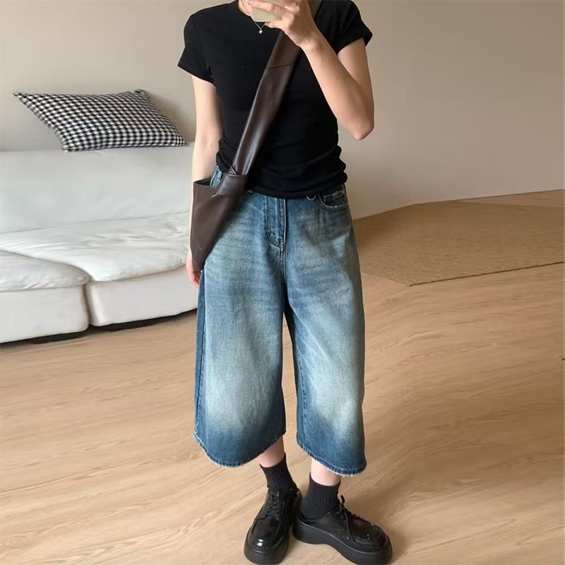 美式复古七分牛仔裤女夏季新款高腰宽松短裤垂感百搭阔腿直筒中裤