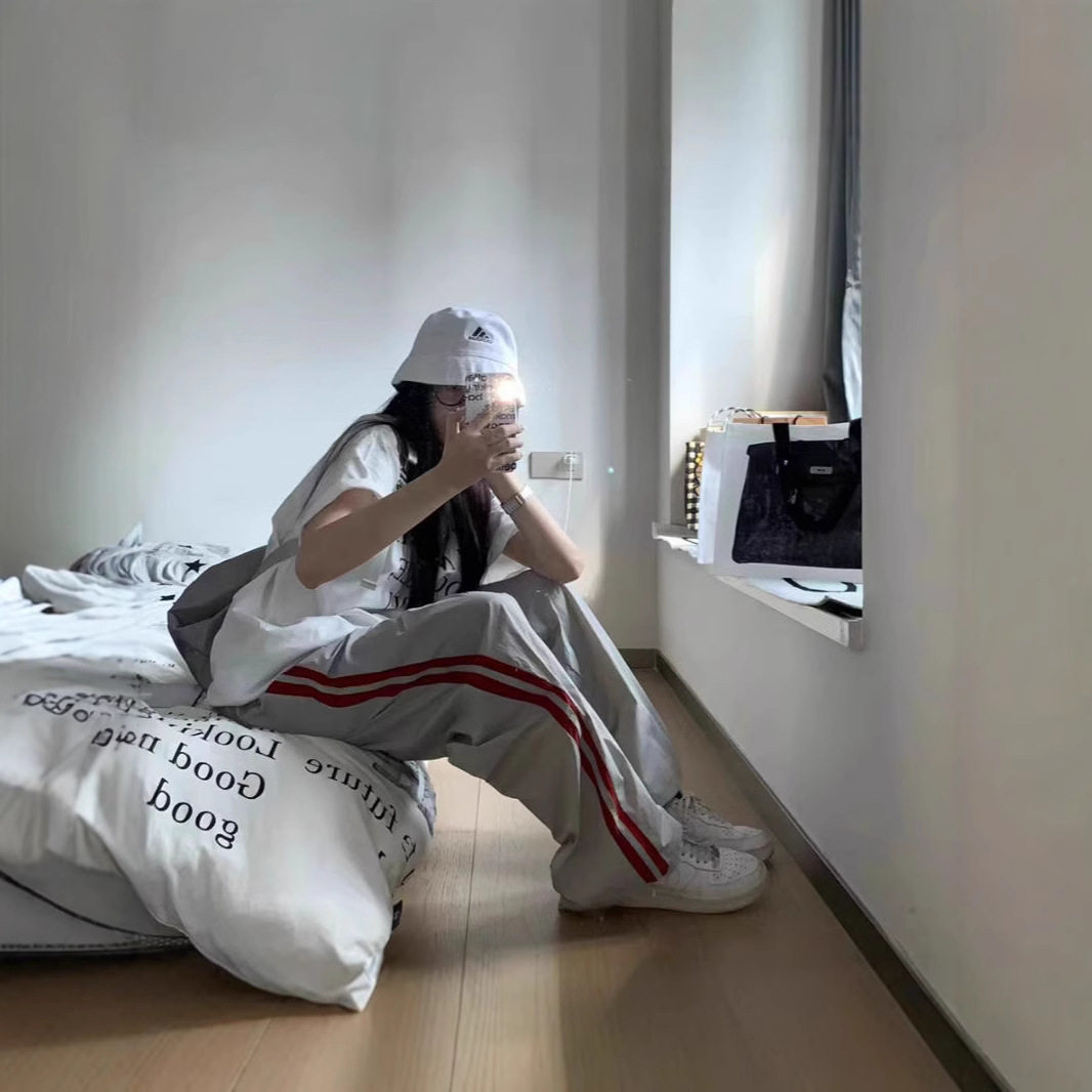 美式条纹运动裤女春秋2025新款宽松阔腿休闲薄款工装裤子港味ins