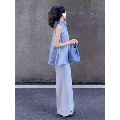 法式轻熟挂脖背心女夏季高级感蓝色晕染无袖上衣直筒裤两件套