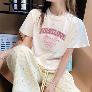 纯棉短袖 t恤女夏季 韩版 宽松圆领洋气印花百搭ins风上衣潮流女装