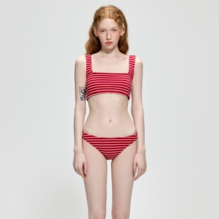 2026年新款 高端方领复古红白条纹分体性感比基尼海边度温泉泳衣女