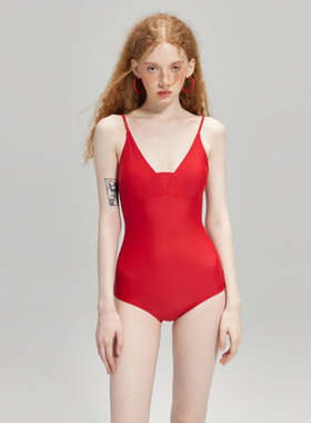 MUMU SWIM港风复古大红色显白连体比基尼遮肚显瘦温泉度假泳衣女