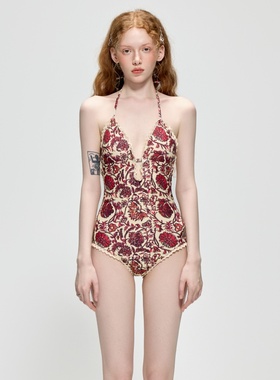 澳洲小众轻奢印花挂脖连体小胸聚拢遮肚显瘦温泉度假海边泳衣女