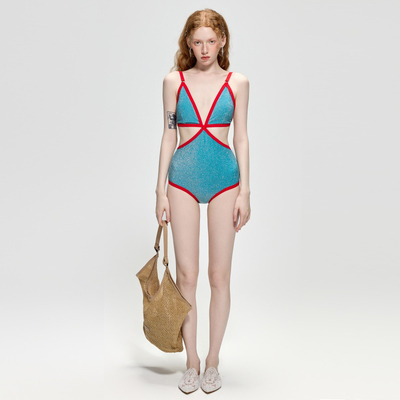 连体比基尼复古撞色泳衣女
