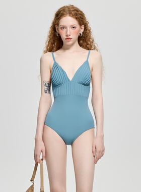 高端定制天青色小胸聚拢性感连体比基尼遮肚显瘦温泉度假泳衣女