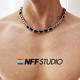 NFF欧美个性高级感皮革缠绕古巴链男钛钢不掉色百搭项链嘻哈潮流