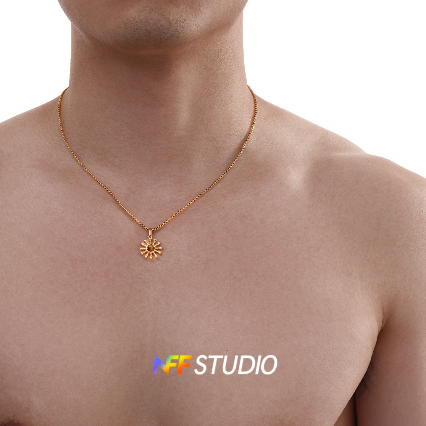 NFF太阳花虎眼石钛钢镀真金素链蛇骨链项链男款个性ins潮酷锁骨链