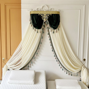 法式床幔床帘床头纱风情公主流苏水波蕾丝竖条温柔米中古装饰含架