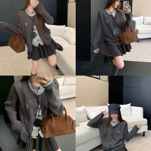 实拍 氛围感穿搭灰色假两件针织刺绣开衫上衣女休闲外搭毛衣外套