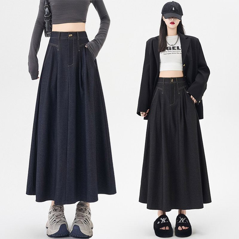 实拍高级感复古仿牛仔半身裙女装2025秋新款显瘦大摆遮胯显瘦伞裙