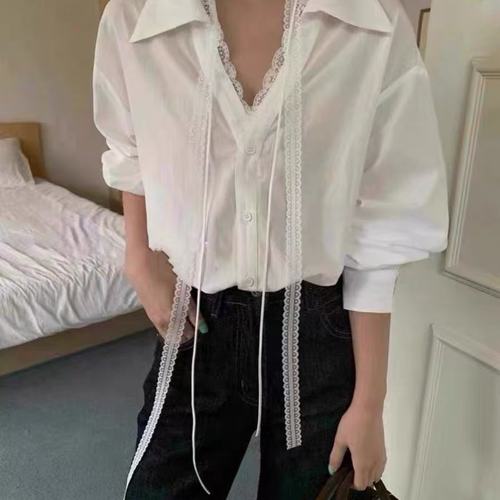 韩系设计感小众POLO领深V配蕾丝飘带衬衫女春季宽松减龄别致衬衣