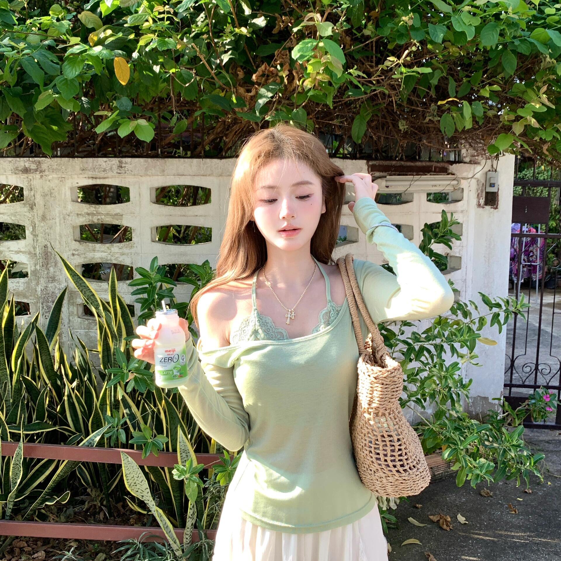 Ashy Snow37 新品古早美女 假两件蕾丝薄款天丝防晒T恤