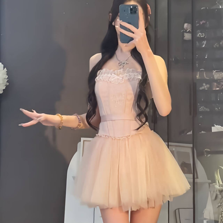 纯欲甜美套装春夏修身显瘦蕾丝拼接抹胸上衣+网纱半身裙两件套女