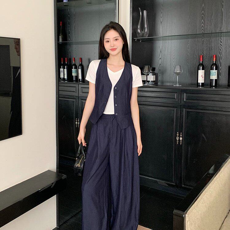 实拍大码女装夏季新款复古薄牛仔马甲+阔腿裤+T恤三件套套装