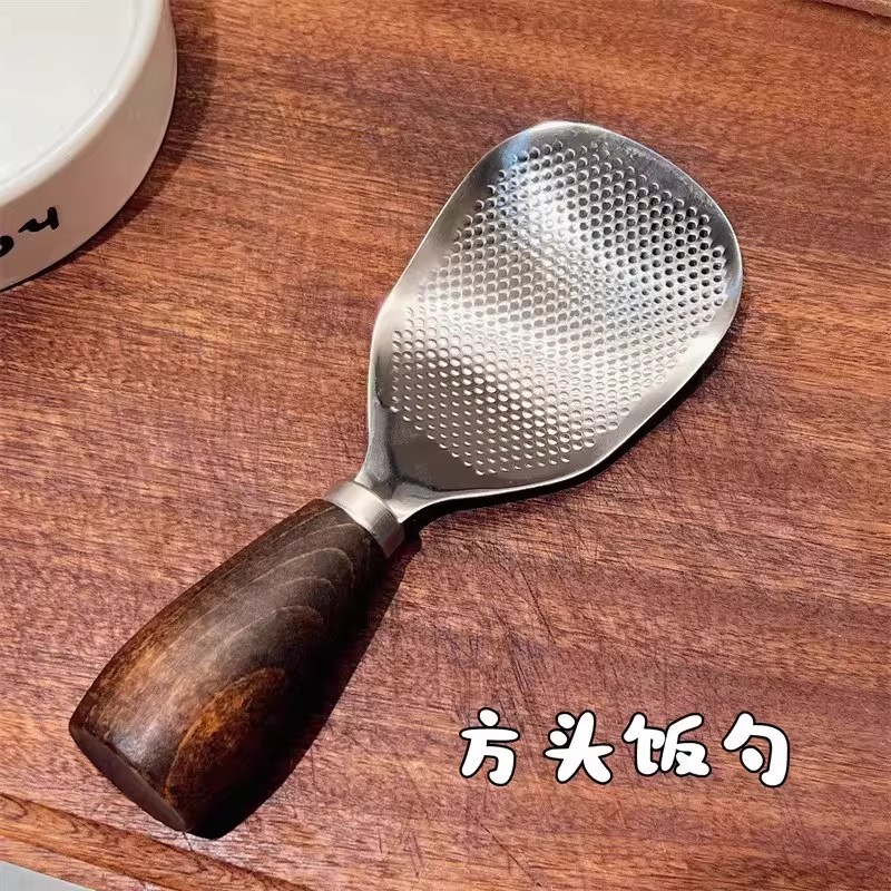 可立式木质手柄304不锈钢米饭铲米饭勺木柄不锈钢饭勺米饭铲子图片
