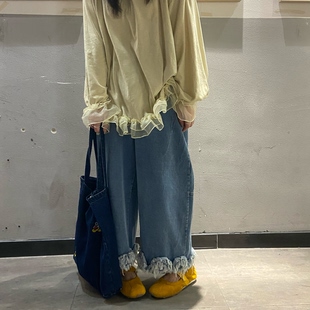 女装 显瘦休闲裤 春季 松紧腰慵懒风花边百搭蓝色牛仔裤 子女 新款 韩版