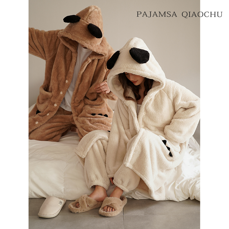 珊瑚绒情侣睡袍秋冬长款两件套女