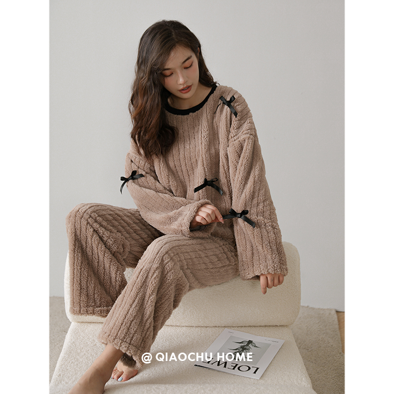 侨楚珊瑚绒睡衣女冬蝴蝶结家居服