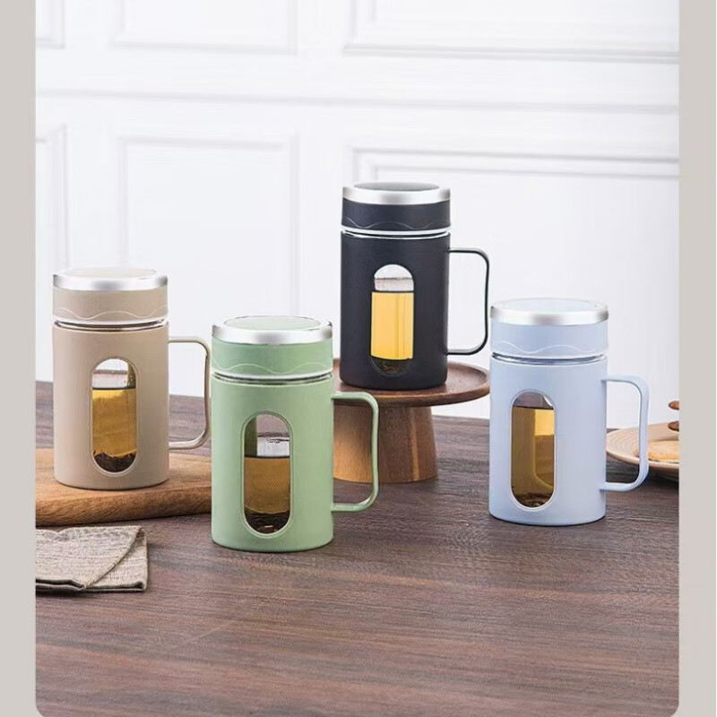 办公室双层玻璃水杯带把手塑壳礼品水杯茶水分离花茶杯子福利品