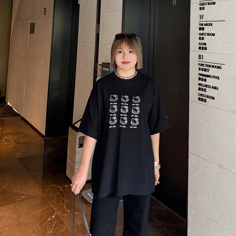 设计感烫钻小猫大码T恤女2025年新款胖妹妹mm宽松减龄短袖上衣潮